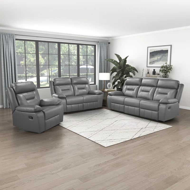 Huskins Modern & Contemporary Manual Reclining 3-Piece Living Room Set with 100% Top Grain Leather Seating Surfaces
