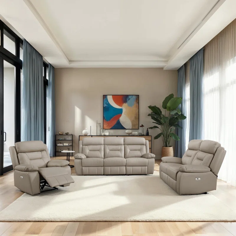 Huskins Modern & Contemporary Power Reclining 3-Piece Living Room Set with Premium Leather Upholstery, One-touch Power Control & Durable Metal Reinforced Frame